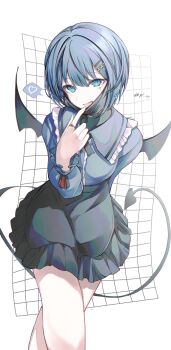 1girl black_skirt blue_eyes blue_hair demon_tail frills hair_ornament hairclip highres jewelry kiritani_haruka long_sleeves looking_at_viewer project_sekai qf_ivi shirt short_hair skirt solo tail tongue tongue_out wings