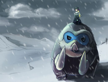 Rule 34 | 1girl, ace trainer (female) (pokemon xy), ace trainer (pokemon), brown hair, cloud, footprints, gen 4 pokemon, hat, mamoswine, md5 mismatch, nintendo, npc trainer, pokemon, pokemon (creature), pokemon xy, riding, riding pokemon, snowing, tusks, wizard898