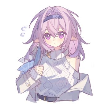 1girl belt black_belt blue_hairband butterfly_earrings castorice_(honkai:_star_rail) castorice_(luckin_coffee)_(honkai:_star_rail) closed_mouth clothing_cutout coat cropped_torso earrings flying_sweatdrops hairband hand_up highres honkai:_star_rail honkai_(series) jewelry long_hair long_sleeves looking_at_viewer official_alternate_costume open_clothes open_coat pointy_ears purple_eyes purple_hair reido_0723 shoulder_cutout simple_background single_earring single_off_shoulder solo sweater turtleneck turtleneck_sweater white_background white_sweater