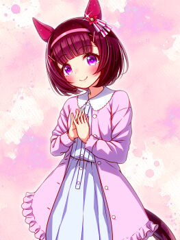 Rule 34 | animal ears, blue eyes, blunt bangs, blush, brown hair, casual, closed mouth, coat, commentary request, dress, ear covers, hair ornament, hairband, headband, highres, horse ears, horse girl, horse tail, interlocked fingers, long sleeves, looking at viewer, nishino flower (casual) (umamusume), nishino flower (umamusume), pink coat, pink hairband, purple eyes, short hair, smile, solo, sugimotty nova, tail, umamusume, white dress, x hair ornament