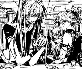 3girls bare_shoulders borrowed_character breasts choker collar cropped_shirt cup double-parted_bangs drinking_glass glass_bottle greyscale hair_between_eyes holding holding_cup indoors leaning_forward long_hair looking_at_viewer medium_breasts monochrome multiple_girls original parted_lips short_sleeves shot_glass smile spiked_collar spikes teeniika zzz