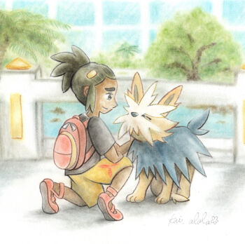 Rule 34 | 1boy, artist name, backpack, bag, black shirt, closed eyes, closed mouth, commentary request, dark-skinned male, dark skin, gen 5 pokemon, green eyes, green hair, hair ornament, hau (pokemon), herdier, kai alola, male focus, nintendo, on one knee, petting, pokemon, pokemon (creature), pokemon sun and moon, red bag, red shoes, shirt, shoes, short hair, short sleeves, shorts, signature, smile, traditional media, tree, yellow shorts