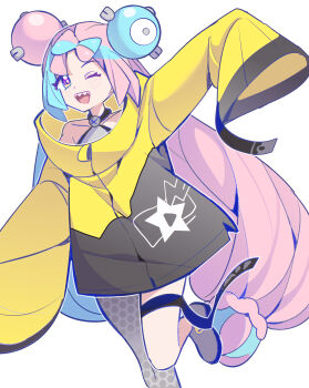 1girl absurdres blue_hair blush bow-shaped_hair character_hair_ornament collarbone grey_pantyhose hair_ornament hexagon_print highres iono_(pokemon) jacket long_hair long_sleeves looking_at_viewer multicolored_hair nintendo one_eye_closed open_mouth pantyhose pink_hair pokemon pokemon_sv sharp_teeth shocho_(shaojiujiu) simple_background single_leg_pantyhose sleeves_past_fingers sleeves_past_wrists smile solo split-color_hair teeth two-tone_hair white_background yellow_jacket