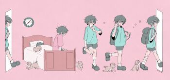 1boy animal ankle_socks aqua_shirt backpack bag bandaged_arm bandaged_leg bandaged_neck bandages bandaid bandaid_on_leg bed bread bread_slice bright_pupils cevio cinnotomon clock closed_mouth dog double-parted_bangs flower food frown full_body genderswap genderswap_(ftm) grey_bag grey_hair grey_shoes grey_shorts hair_between_eyes hair_flower hair_ornament head_on_pillow highres holding holding_food kafu_(cevio) kyu-kurarin_(cevio) male_focus multiple_views pillow pink_background pink_eyes pink_flower pink_shirt shirt shoes short_hair short_sleeves shorts simple_background socks standing standing_on_one_leg turtleneck turtleneck_shirt twitter_username under_covers walking wall_clock white_pupils white_socks