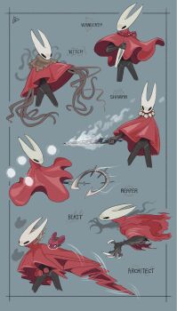 1girl arthropod_girl bead_necklace beads black_eyes black_skin blue_background bomb claws cloak cogfly_(hollow_knight) colored_skin crest_(hollow_knight) dagger english_text explosive fol463 highres holding holding_dagger holding_knife holding_polearm holding_sword holding_weapon hollow_eyes hollow_knight hollow_knight:_silksong horned_mask hornet_(hollow_knight) jewelry knife mask multiple_views necklace needle_(hollow_knight) polearm red_cloak simple_background sword tentacles tentacles_under_clothes tool_(hollow_knight) weapon white_mask