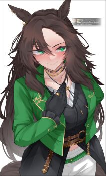 1girl absurdres animal_ears belt belt_buckle black_gloves black_hair black_shirt blush brown_belt buckle chain chain_necklace choker closed_mouth collarbone commentary english_commentary frilled_sleeves frills gloves gold_ring green_eyes green_jacket highres horse_ears horse_girl jacket jewelry long_hair long_sleeves looking_at_viewer midriff necklace o-ring o-ring_choker open_clothes open_jacket pants shirt simple_background smile solo speed_symboli_(umamusume) umamusume very_long_hair white_background white_pants xkittyzx