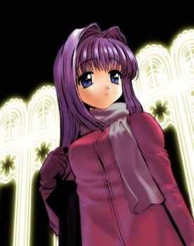 Rule 34 | 1girl, a1 (initial-g), archived source, arm at side, bag, black background, black bag, blue eyes, breasts, closed mouth, commentary request, from above, gloves, hair intakes, handbag, jacket, kanon, key (company), light smile, long hair, lowres, medium breasts, minase nayuki, purple hair, purple scarf, red gloves, red jacket, red sleeves, scarf, shoulder bag, simple background, solo, straight hair