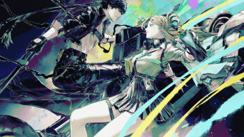 1boy 1girl black_hair black_jacket black_pants black_skirt blonde_hair breasts commentary earrings english_commentary eye_contact green_necktie grey_shirt headphones headphones_around_neck highres holding holding_spray_can id_card jacket jewelry looking_at_another lynae_(wuthering_waves) male_rover_(wuthering_waves) medium_breasts muted_color necktie pants parted_lips rover_(wuthering_waves) shirt shirt_tucked_in skirt smile spray_can star_(symbol) star_earrings thigh_strap white_jacket white_shirt wuthering_waves yellow_eyes yoshi_(houndbell)