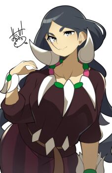 1girl black_hair breasts brown_skirt commentary drasna_(pokemon) earrings grandma jewelry large_breasts long_hair mature_female mituyota_76 necklace nintendo old old_woman plump pokemon pokemon_x_and_y skirt smile solo tooth_earrings tooth_necklace wrinkled_skin