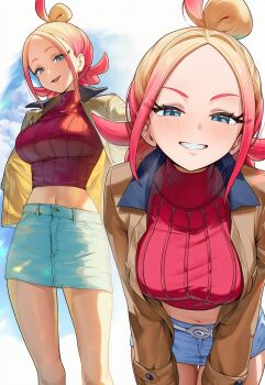 1girl blonde_hair blue_eyes breasts brown_jacket cropped_shirt gradient_hair highres jacket midriff multicolored_hair nintendo open_clothes open_mouth pokemon pokemon_legends:_z-a red_shirt red_sweater shirt smile sweater taunie_(pokemon) turtleneck turtleneck_shirt ueponzu