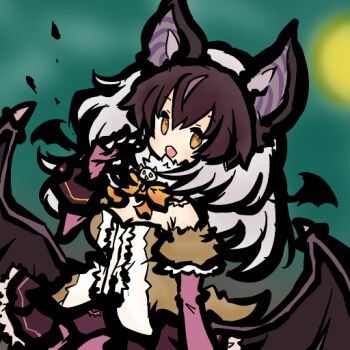 1girl animal_ears bat_ears bat_girl bat_wings brown_eyes brown_hair brown_long-eared_bat_(kemono_friends) elbow_gloves extra_ears gloves grey_hair kemono_friends kemono_friends_v_project leotard long_hair looking_at_viewer microphone moon multicolored_hair night night_sky pantyhose simple_background skirt sky solo streaked_hair tanuki_kamen virtual_youtuber wings