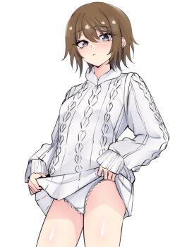 Rule 34 | 1girl, absurdres, aran sweater, blush, brown eyes, brown hair, cable knit, closed mouth, clothes lift, hair between eyes, highres, kinuhata saiai, latte (latte daruta2), lifting own clothes, looking at viewer, panties, short hair, solo, sweater, sweater lift, toaru anbu no item, toaru kagaku no railgun, toaru kagaku no railgun s, toaru majutsu no index, underwear, white background, white panties, white sweater