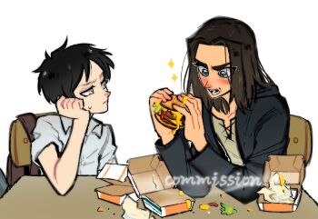 Rule 34 | 2boys, absurdres, backpack, bag, black jacket, blush, brown bag, brown hair, burger, chair, closed mouth, collared shirt, commentary, commission, eating, eren yeager, fast food, food, food on face, furrowed brow, green eyes, grey eyes, head on hand, highres, holding, holding burger, holding food, hood, hood down, hooded jacket, idc1066026, jacket, looking at another, male focus, medium hair, multiple boys, open mouth, shingeki no kyojin, shingeki no school castes, shirt, short hair, short sleeves, sitting, sparkle, sweatdrop, symbol-only commentary, table, time paradox, upper body, white background, white shirt