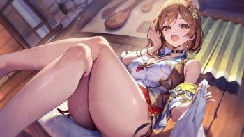 1girl artist_request atelier_(series) atelier_ryza bare_legs black_choker blush bracelet breasts brown_eyes brown_hair choker cleavage collarbone crossed_legs earrings fisheye flower hair_flower hair_ornament highres indoors instrument jacket jewelry large_breasts looking_at_viewer open_mouth reisalin_stout second-party_source shirt short_hair sitting smile solo thick_thighs thighs white_shirt x_hair_ornament yellow_jacket
