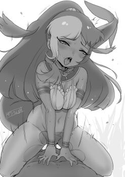 1boy 1girl absurdres arm_support basilosaurus_isis_(kemono_friends) breasts breasts_squeezed_together cetacean_tail clothed_female_nude_male convenient_arm convenient_censoring covered_navel cowgirl_position fins fish_tail fucked_silly furrowed_brow girl_on_top greyscale groin half-closed_eyes hetero highres kemono_friends kemono_friends_3 leaning_forward long_hair masuyama_ryou medium_breasts monochrome motion_lines nude open_mouth saliva sex solo_focus straddling sweat tail tan tongue tongue_out torn_clothes torn_unitard torogao unitard vaginal very_long_hair very_long_tail