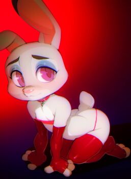 1girl all_fours animal_ears breasts doxy female_focus furry furry_female gloves judy_hopps purple_eyes pussy rabbit_ears rabbit_tail red_background small_breasts socks solo tail zootopia