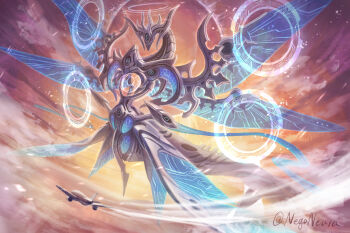 aircraft airplane cloud cloudy_sky commentary_request dragon grand_scale halo highres horns keselum_(neganeura) machine magic_circle no_humans original signature sky sunset