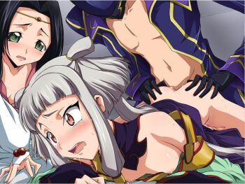 1boy 2girls artist_request ass ass_grab black_hair blood breasts circlet clothed_sex code_geass defloration doggystyle erection gloves helmet hetero hime_cut loli lying multiple_girls nipples on_stomach open_clothes open_mouth open_shirt penis precum saliva sex sex_from_behind shirt short_hair short_hair_with_long_locks sidelocks silver_hair small_breasts sumeragi_kaguya tears tianzi vaginal yamagarasu zero_(code_geass)