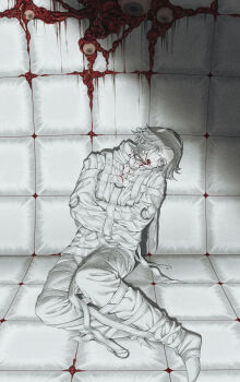1boy 7nite absurdres aotsuki_eito blood blood_in_mouth blood_on_clothes blood_on_face bodysuit bound bound_arms chinese_commentary eldritch_abomination eyeball glasses grey_eyes grey_hair head_tilt highres looking_at_viewer male_focus on_floor open_mouth padded_room padded_walls short_hair sitting solo straitjacket the_hundred_line_-last_defense_academy- white_bodysuit