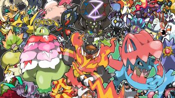 &gt;_&lt; :3 antennae aqua_eyes arms_up barbaracle black_eyes blacknirrow blush blush_stickers bright_pupils chandelure chesnaught claws clefable closed_eyes closed_mouth commentary delphox dragalge dragonite drampa eelektross emboar empty_eyes excadrill falinks feraligatr fire floette floette_(eternal) froslass gem gen_1_pokemon gen_2_pokemon gen_4_pokemon gen_5_pokemon gen_6_pokemon gen_7_pokemon gen_8_pokemon greninja hawlucha head_wings highres holding holding_weapon horns interlocked_fingers leaf legendary_pokemon malamar mega_barbaracle mega_chandelure mega_chesnaught mega_clefable mega_delphox mega_dragalge mega_dragonite mega_drampa mega_eelektross mega_emboar mega_excadrill mega_falinks mega_feraligatr mega_floette mega_froslass mega_greninja mega_hawlucha mega_malamar mega_meganium mega_pokemon mega_pyroar mega_scolipede mega_scrafty mega_starmie mega_victreebel mega_zygarde meganium nintendo nostrils open_mouth orange_eyes outline own_hands_together pink_eyes pink_lips pokemon pokemon_(creature) pokemon_focus pyroar red_eyes red_gemstone ringed_eyes scolipede scrafty sharp_teeth simple_background single_horn smile spoilers starmie starter_pokemon_trio teeth tongue tusks victreebel weapon white_outline white_pupils wings yellow_eyes zygarde zygarde_(complete)
