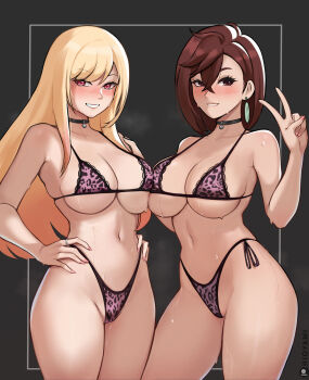 2girls alternate_breast_size_(larger) ayase_momo bikini biting_own_lip black_background blonde_hair blush breasts brown_hair choker cleavage collarbone cowboy_shot crossover curvy dandadan earrings female_focus grin hands_on_own_hips highleg highleg_panties highres hioyami jewelry kitagawa_marin large_breasts lingerie long_hair matching_outfits medium_hair multiple_girls navel panties purple_panties red_eyes shiny_skin side-tie_panties simple_background skindentation smile sono_bisque_doll_wa_koi_wo_suru standing sweat swimsuit thong thong_bikini trait_connection underboob underwear v wide_hips