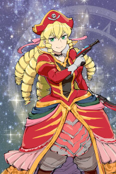 1girl akuyaku_reijou_tensei_ojisan asymmetrical_dual_wielding black_choker blonde_hair boots braid brown_boots choker closed_mouth commentary_request crown_braid dress drill_hair drill_sidelocks dual_wielding gloves gokai_gun grace_auvergne green_eyes gun hair_ribbon hat highres holding holding_gun holding_sword holding_weapon ichimichi_mao juliet_sleeves kaizoku_sentai_gokaiger layered_dress long_hair long_sleeves looking_at_viewer pink_ribbon pirate_hat puffy_sleeves red_dress red_hat ribbon sidelocks smile solo standing star_(sky) super_sentai sword ueyama_michirou voice_actor_connection weapon white_gloves