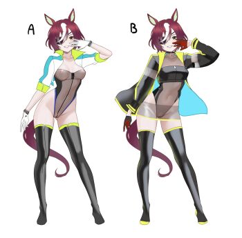 1girl animal_ears black_gloves black_thighhighs brown_hair cameltoe commentary_request eyepatch gloves hair_over_one_eye hand_on_own_face highleg highleg_leotard highres horse_ears horse_girl horse_tail leotard long_sleeves multicolored_gloves multicolored_hair nipples race_queen red_gloves revealing_clothes see-through_clothes see-through_leotard see-through_skirt shirt short_hair short_sleeves skirt smile strapless strapless_leotard streaked_hair tail tanino_gimlet_(umamusume) thighhighs translation_request two-tone_gloves ugohato umamusume white_gloves white_hair yellow_eyes zipper zipper_pull_tab
