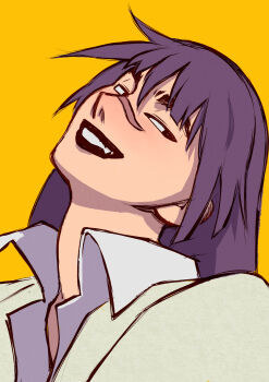 Rule 34 | 1girl, ankaeverlasting, bakemonogatari, black lips, collared shirt, head tilt, long hair, monogatari (series), purple hair, scar, scar on face, senjougahara hitagi, shirt, solo, teeth, upper body, yellow background