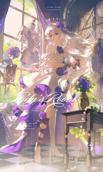 Rule 34 | 1girl, absurdres, armor, armored dress, artist name, ascot, asymmetrical legwear, blunt bangs, breastplate, breasts, checkered floor, chinese text, cleavage, commission, curtains, day, detached collar, detached sleeves, dress, feathers, flower, frilled dress, frilled wrist cuffs, frills, full body, gem, hair flower, hair ornament, halo, helm, helmet, heraldry, high heels, highres, indoors, leaf, lens flare, light particles, long hair, looking at viewer, mannequin, medium breasts, mismatched legwear, original, parted lips, pearl (gemstone), purple ascot, purple eyes, purple feathers, purple flower, purple hair, purple ribbon, purple rose, red gemstone, ribbon, rose, shoes, short sleeves, shoulder armor, sidelocks, solo, standing, sunlight, sword, vase, very long hair, watermark, weapon, white dress, white flower, white shoes, window, wrist cuffs, yellow halo, z-ho