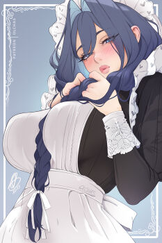 Rule 34 | 1girl, 2025, apron, artist name, black dress, blue background, blue eyes, blue hair, blush, braid, breasts, closed mouth, commentary, dress, ear blush, frilled hat, frills, from below, hair between breasts, hair between eyes, hair intakes, hair over shoulder, hair ribbon, hands on own chest, hat, highres, holding, holding own hair, hololive, hololive english, juliet sleeves, large breasts, long hair, long sleeves, looking at viewer, maid, maid apron, mob cap, official alternate costume, official alternate hairstyle, olchas, ouro kronii, ouro kronii (maid), parted lips, patreon username, puffy sleeves, ribbon, signature, simple background, solo, twin braids, upper body, victorian maid, virtual youtuber, white apron, white hat, white ribbon
