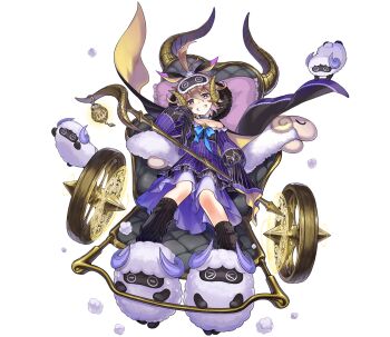 &gt;_&lt; 1girl aqua_bow aqua_choker bow brown_hair choker colored_inner_hair crown dress full_body gambanteinn grey_crown grin hair_between_eyes hair_ornament hand_on_own_cheek hand_on_own_face head_on_pillow head_rest head_tilt highres holding holding_staff horns looking_at_viewer mini_crown multicolored_hair nakatsun_(gumi) off-shoulder_dress off_shoulder official_alternate_costume official_art phantom_of_the_kill pillow purple_dress purple_eyes rickshaw sheep simple_background sitting sleep_mask sleeves_past_fingers sleeves_past_wrists smile solo staff sweatdrop third-party_source transparent_background v-shaped_eyebrows wheel