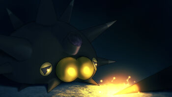 absurdres animal_focus broken_horn commentary electricity gen_8_pokemon glowing higa-tsubasa highres horns nintendo no_humans pincurchin pokemon pokemon_(creature) pokemon_focus solo spikes symbol-shaped_pupils triangle-shaped_pupils yellow_eyes