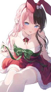 1girl :p absurdres animal_ear_hairband animal_ears artist_name bare_shoulders bell black_hair black_nails blue_eyes blush breasts christmas cleavage closed_mouth collarbone commentary detached_collar dress fake_animal_ears fur-trimmed_collar fur-trimmed_wrist_cuffs fur_trim green_ribbon hair_ornament hairband highres holding holding_ribbon large_breasts long_hair long_sleeves multicolored_hair nail_polish neck_bell pink_hair rabbit_ear_hairband rabbit_ears red_dress ribbon santa_costume santa_dress sidelocks simple_background sitting sleeveless sleeveless_dress solo split-color_hair symbol-only_commentary tachibana_hinano thighhighs thighs tongue tongue_out very_long_hair virtual_youtuber vspo! white_background white_thighhighs yuzutouhu_ika