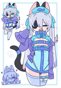 1boy :3 ? animal_ears animal_print asymmetrical_legwear black_panties black_tail blue_bow blue_cardigan blue_eyes blue_hair blue_hat blue_leotard blue_ribbon blue_skirt blush bow bulge cardigan cat_boy cat_ears cat_tail chibi cleavage_cutout clothing_cutout colored_tips commentary cowboy_shot crossdressing crossdressing_(mtf) double-parted_bangs eyepatch fang fish fish_print flipped_hair full_body hair_between_eyes hair_bow hair_intakes hand_up hands_up hat heart highleg highleg_panties highres latex latex_leotard leotard light_blush long_hair long_sleeves looking_at_viewer male_focus multicolored_hair multiple_views narrowed_eyes no_nose nurse nurse_cap off_shoulder one_eye_covered op_na_yarou open_cardigan open_clothes open_mouth original panties portrait print_hat quad_tails raised_inner_eyebrows red_hair ribbon rigel_(op_na_yarou) see-through_clothes see-through_skirt sidelocks simple_background skirt sleeves_past_fingers sleeves_past_wrists standing standing_on_one_leg straight_hair tail tail_ornament tail_ribbon thigh_strap thighhighs thighs trap underwear uneven_legwear very_long_hair watermark white_background white_hair white_thighhighs