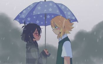 1boy 1girl antenna_hair bandaid bandaid_on_cheek bandaid_on_face bandaid_on_finger bandaid_on_hand bandaid_on_nose basil_(faraway)_(omori) basil_(omori) blonde_hair blue_eyes blurry blurry_background blush closed_eyes closed_mouth collared_shirt commentary donuqx english_commentary glasses green_sweater_vest grey_jacket holding holding_umbrella hood hood_down hooded_jacket jacket long_sleeves looking_at_another medium_hair mincy_(omori) omori parted_lips rain red-framed_eyewear shirt short_hair short_sleeves sidelocks smile striped_clothes striped_jacket sweater_vest tumblr_username umbrella white_shirt