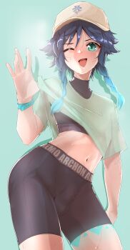 1boy absurdres alternate_costume baseball_cap bike_shorts black_hair black_shorts blue_background blue_hair blush braid commentary contrapposto covered_penis covered_testicles genshin_impact gradient_hair green_eyes hat highres looking_at_viewer male_focus marky_evan multicolored_hair one_eye_closed shorts simple_background solo sweat tight_clothes tongue tongue_out trap twin_braids venti_(genshin_impact)