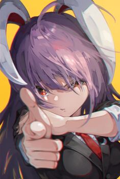 1girl :o ahoge animal_ears black_jacket chromatic_aberration commentary crescent crescent_pin eyebrows_hidden_by_hair finger_gun floppy_ears foreshortening highres jacket looking_at_viewer necktie pointing pointing_at_viewer purple_hair rabbit_ears rabbit_girl red_eyes red_necktie reisen_udongein_inaba sashimi_oniku simple_background solo touhou upper_body yellow_background