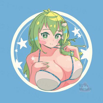 1girl antenna_hair artist_name bikini blue_background blush breasts cleavage closed_mouth collarbone commentary english_commentary frog_hair_ornament green_eyes green_hair green_nails hair_between_eyes hair_ornament hair_tubes highres keroyan kochiya_sanae large_breasts long_hair looking_at_viewer single_hair_tube smile snake_hair_ornament solo star_(symbol) swimsuit touhou twitter_username upper_body watermark white_bikini