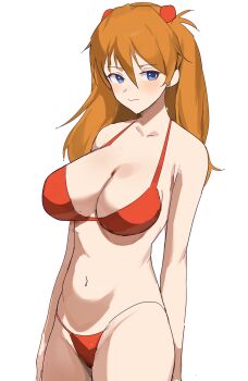 Rule 34 | 1girl, :>, alternate breast size (larger), bare arms, bare legs, bikini, blue eyes, breasts, brown hair, cleavage, curvy, highres, large breasts, long hair, looking at viewer, multicolored bikini, navel, neon genesis evangelion, red bikini, shiny skin, simple background, solo, souryuu asuka langley, swimsuit, t-lex, thong, thong bikini, tsundere, two-tone bikini, wide hips