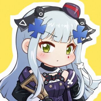 Rule 34 | 1girl, assault rifle, black jacket, blue hair, blush, bow, chibi, commentary, dress, girls' frontline, green eyes, gun, h&amp;k hk416, hair bow, hair ornament, hk416 (girls' frontline), hk416 (mod3) (girls' frontline), holding, holding gun, holding weapon, jacket, jiwon (sj1), long hair, looking at viewer, off shoulder, open clothes, open jacket, outline, pout, purple dress, rifle, sidelocks, simple background, solo, tattoo, teardrop tattoo, upper body, weapon, white outline, yellow background