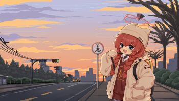 1girl :d absurdres animal_ear_headwear backpack bag bare_tree beanie black_sweater blue_archive blue_eyes blush braid braided_twintails brown_coat brown_hat car chinese_commentary coat collared_shirt commentary_request fake_animal_ears hair_between_eyes hair_over_shoulder halo hand_in_pocket hand_up hat highres holding_strap hood hood_down hooded_coat long_hair long_sleeves looking_at_viewer maki_(blue_archive) maki_(camp)_(blue_archive) making-of_available motor_vehicle official_alternate_costume official_alternate_hairstyle open_clothes open_coat open_mouth outdoors partial_commentary pedestrian_crossing_sign pocket puffy_long_sleeves puffy_sleeves red_hair red_halo red_sweater_vest road road_sign shirt sidelocks sign sky smile solo strap_pull sunset sweater sweater_vest traffic_light tree twin_braids utility_pole wangcorai white_shirt yellow_bag