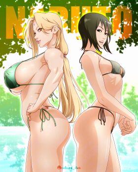 2girls absurdres armpit_crease ass bare_shoulders bikini black_bikini black_eyes black_hair blonde_hair breasts covered_erect_nipples facial_mark forehead_mark green_bikini highres huge_breasts medium_hair multiple_girls naruto_(series) open_mouth orange_eyes saburo_des shizune_(naruto) small_breasts swimsuit teeth thighs tsunade_(naruto) twitter_username upper_teeth_only