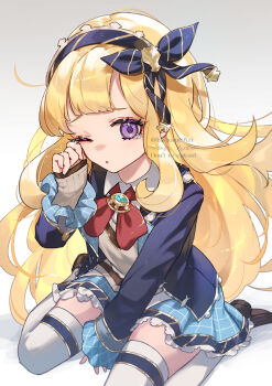 1girl ;o blonde_hair blue_jacket blue_skirt cagliostro_(granblue_fantasy) cagliostro_(youthful_uniform)_(granblue_fantasy) commentary_request granblue_fantasy grey_background hairband jacket kogome_(azalea4) long_hair long_sleeves looking_at_viewer official_alternate_costume one_eye_closed plaid_clothes plaid_skirt purple_eyes red_ribbon ribbon school_uniform sidelocks simple_background skirt solo tears thighhighs white_thighhighs wiping_tears