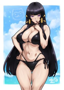 1girl absurdres artist_name bare_arms bare_shoulders bikini black_bikini black_choker black_hair blue_sky blunt_bangs blush breasts choker cleavage commentary commission cowboy_shot dead_or_alive english_commentary finger_to_mouth full_cleavage gluteal_fold hand_on_own_hip hand_up highres ko-fi_commission large_breasts long_hair looking_at_viewer navel nyotengu ocean parted_lips purple_eyes rotomdocs side-tie_bikini_bottom sidelocks signature sky smile solo stomach swimsuit tsurime very_long_hair