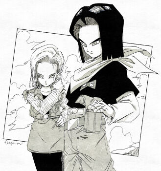 1boy 1girl android_17 android_18 bandana bandana_around_neck belt brother_and_sister cowboy_shot denim denim_jacket denim_skirt dragon_ball dragonball_z fenyon greyscale highres jacket monochrome pantyhose shirt short_hair siblings skirt sleeveless sleeveless_jacket torn_clothes torn_jacket twins