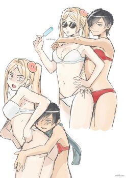 2girls absurdres adriftcarp commander_(nier:automata) food highres holding holding_food holding_popsicle jackass_(nier:automata) looking_at_viewer multiple_girls nier:automata nier_(series) popsicle sunglasses swimsuit white_background yuri