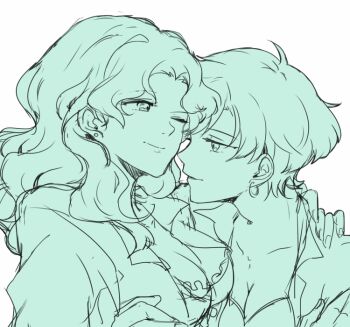 Rule 34 | 2girls, bishoujo senshi sailor moon, breasts, couple, earrings, green theme, half-closed eyes, hiki-wota, holding, jewelry, kaiou michiru, large breasts, long hair, medium breasts, monochrome, multiple girls, one eye closed, profile, short hair, ten'ou haruka, very short hair, white background, yuri