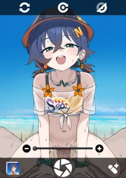 1boy 1girl absurdres aged_down asymmetrical_sidelocks bare_arms bare_shoulders beach belle_(summer_skies)_(zenless_zone_zero) belle_(zenless_zone_zero) bikini bikini_under_clothes black_hat blue_hair blurry blush bottomless bracelet bucket_hat caustics censored collarbone cowgirl_position crop_top crossed_bangs day depth_of_field double-parted_bangs earrings erection flat_chest flower flower_ornament girl_on_top green_eyes hair_ornament hairclip hat hetero highres jewelry layered_bikini loli looking_at_viewer low_twintails medium_hair midriff mismatched_earrings mosaic_censoring motion_lines mozako navel necklace ocean off-shoulder_shirt off_shoulder official_alternate_costume orange_bikini orange_flower outdoors penis pov pov_crotch pussy_juice sand see-through_clothes see-through_shirt sex shirt short_twintails sidelocks solo_focus sphere_hair_ornament straddling sweat swimsuit taking_picture tied_shirt twintails viewfinder zenless_zone_zero