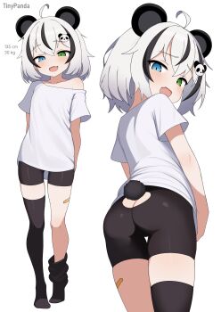 1girl absurdres animal_ears ass bandaged_leg bandages bandaid bare_shoulders black_hair black_thighhighs blue_eyes blush clothes_pull clothing_cutout commission fang green_eyes hair_ornament heterochromia highres indie_virtual_youtuber loli looking_at_viewer looking_back loose_clothes loose_thighhigh mikoscrub open_mouth panda_ears panda_girl panda_tail reference_sheet shirt short_hair short_sleeves shorts simple_background skin_fang standing thighhighs thighs tight_clothes tinypanda_(vtuber) virtual_youtuber white_hair white_shirt