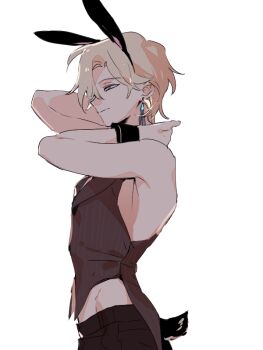 1boy animal_ears armpits arms_up aventurine_(honkai:_star_rail) bacontomato bare_arms bare_shoulders blonde_hair closed_mouth fake_animal_ears hair_over_one_eye honkai:_star_rail honkai_(series) looking_ahead male_playboy_bunny pants rabbit_ears short_hair simple_background smile white_background